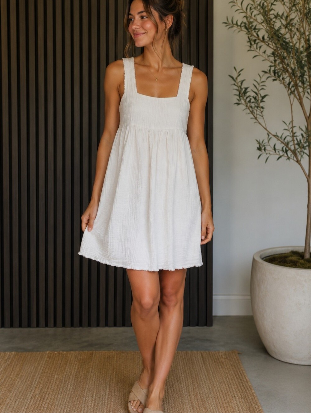 NATURAL LIFE 100% Cotton White Textured Sleeveless Mini Dress